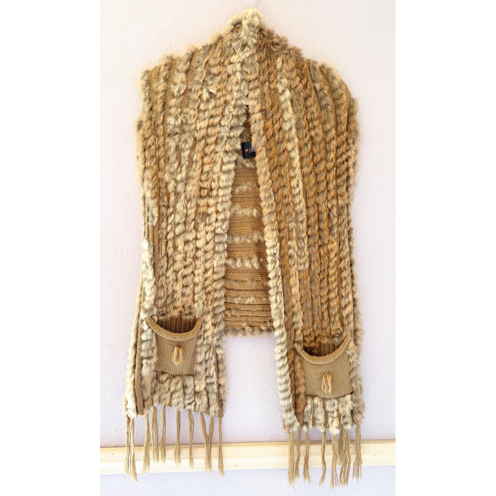 Belle Fare‎ Real Fur Knit Vest Scarf Brown Tan Fringed Pocketed Wrap